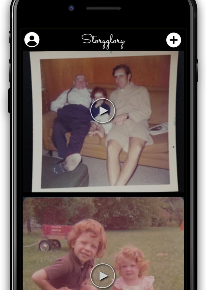 Storyglory iOS app showing two old family photos with play buttons